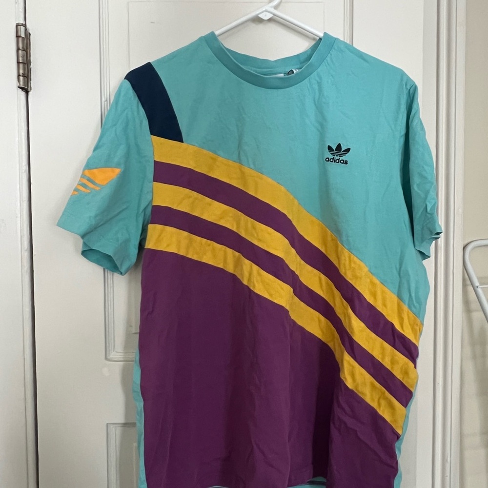 Adidas Blue and Purple Short Sleeve Tee with Color-Blocked Design